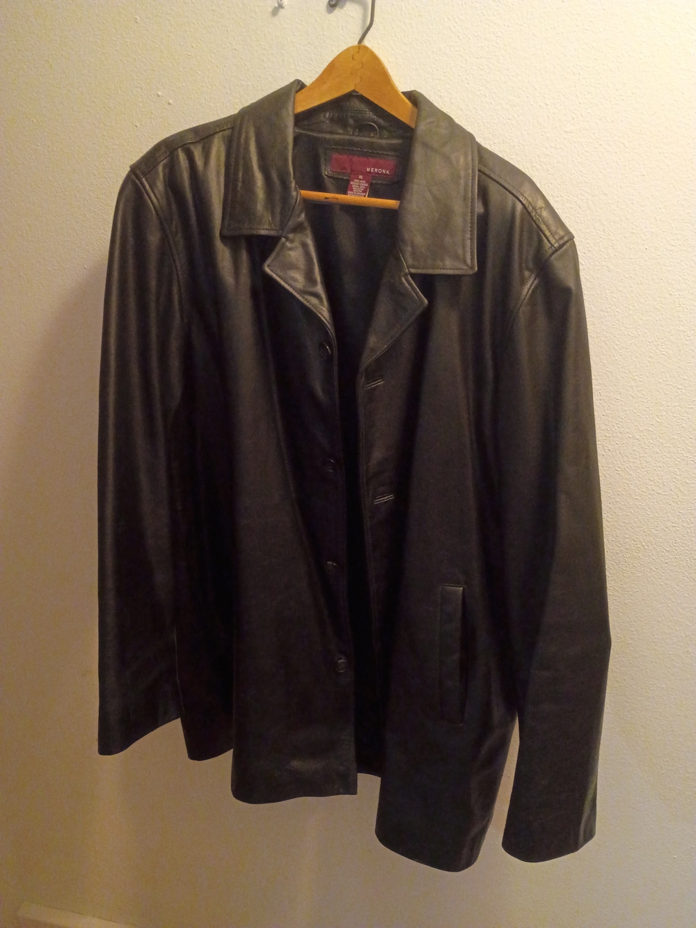 Merona Black Leather Pea Coat with Button Front